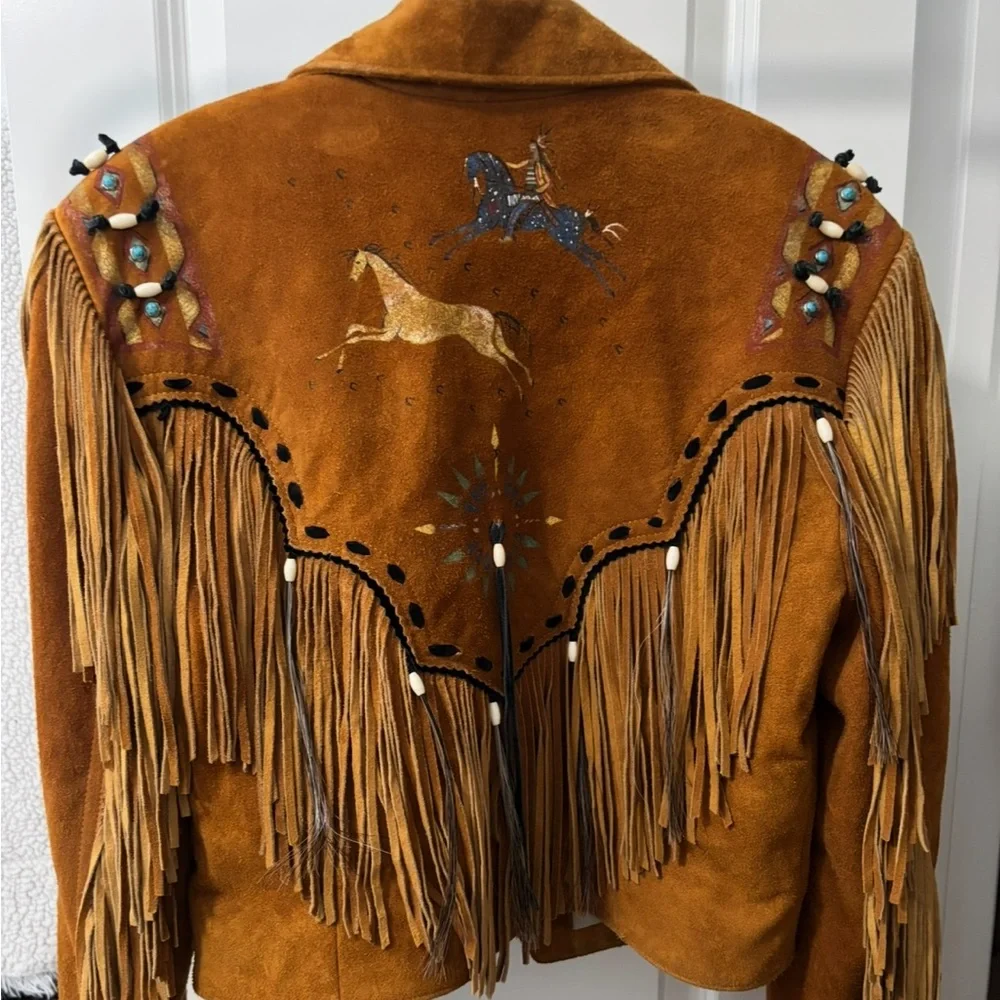 Rare Patricia Wolf Hand Painted Suede Fringe Jacket Western Made in Texas Small - Picture 2 of 10